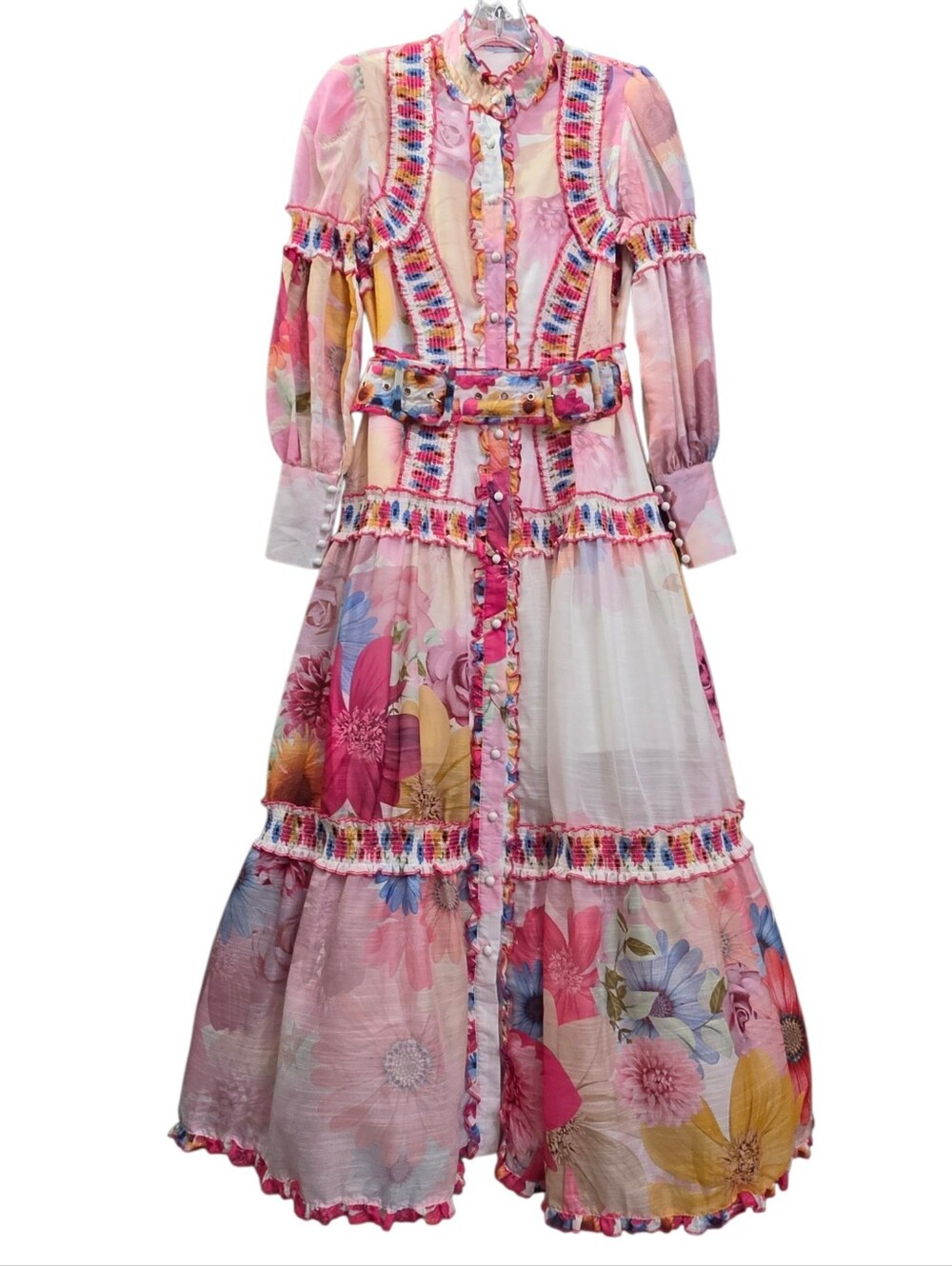 Nwot Louise James Ls Pink Floral Double Latch Belt Front Button Maxi Dress